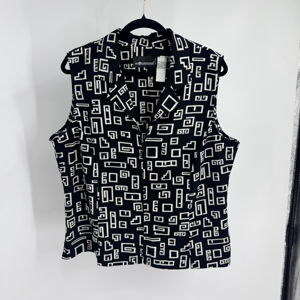 Sag Harbor Dress VTG Black White Geometric Zip Front Vest 18 Abstract Funky Bold